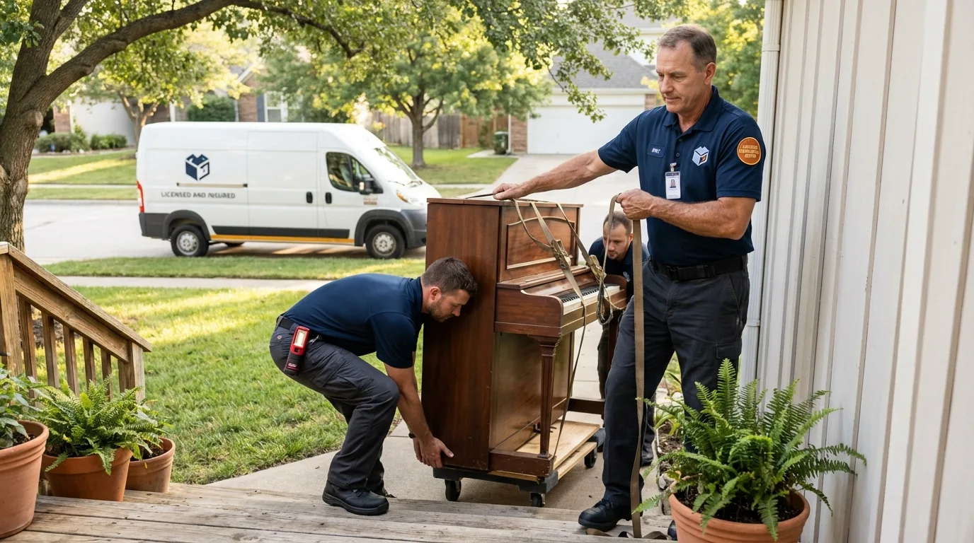 Licensed piano movers securing grand piano in Dublin, OH